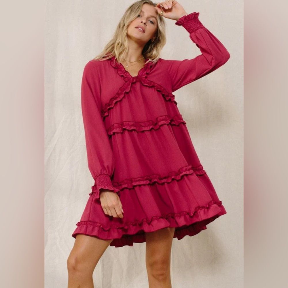 ODDY rose wine long sleeve ruffle tiered dress size small